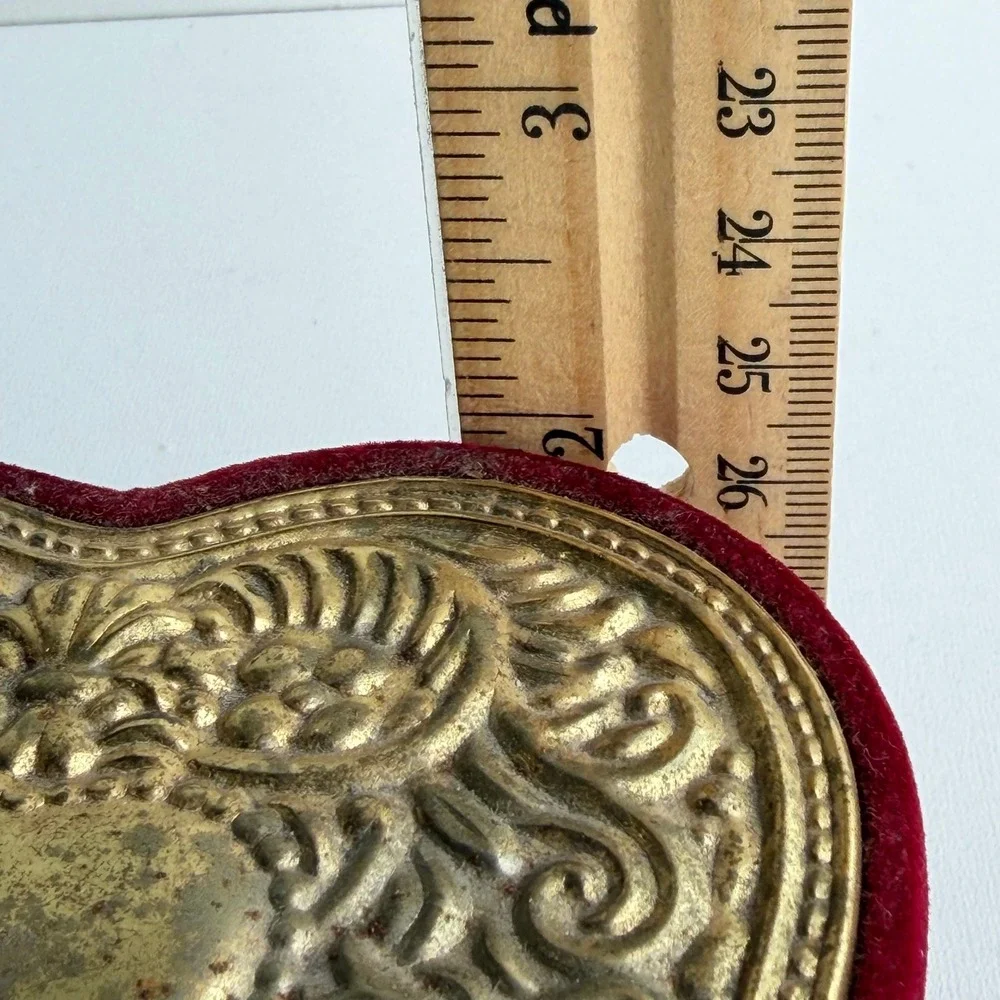 VTG Heart Trinket Box Red Gold Velvet Brass Filigree Jewelry Case Old World